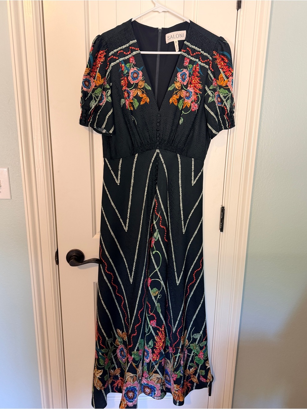 Saloni Black Floral Embroidered V-Neck Maxi Dress